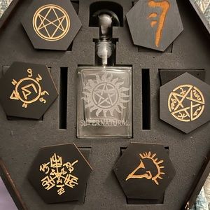 Supernatural handmade Decanter set. 6 glasses , decanter and 6 carved coasters